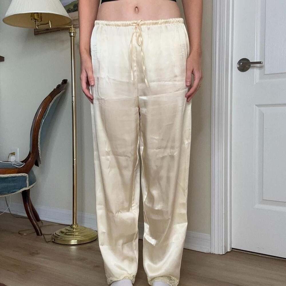 Butter Yellow Satin Lace Trim Wide Leg Pajama Pants